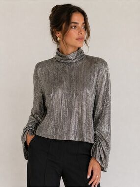 Zara Metallic Pleated Top – Silver, Size Small